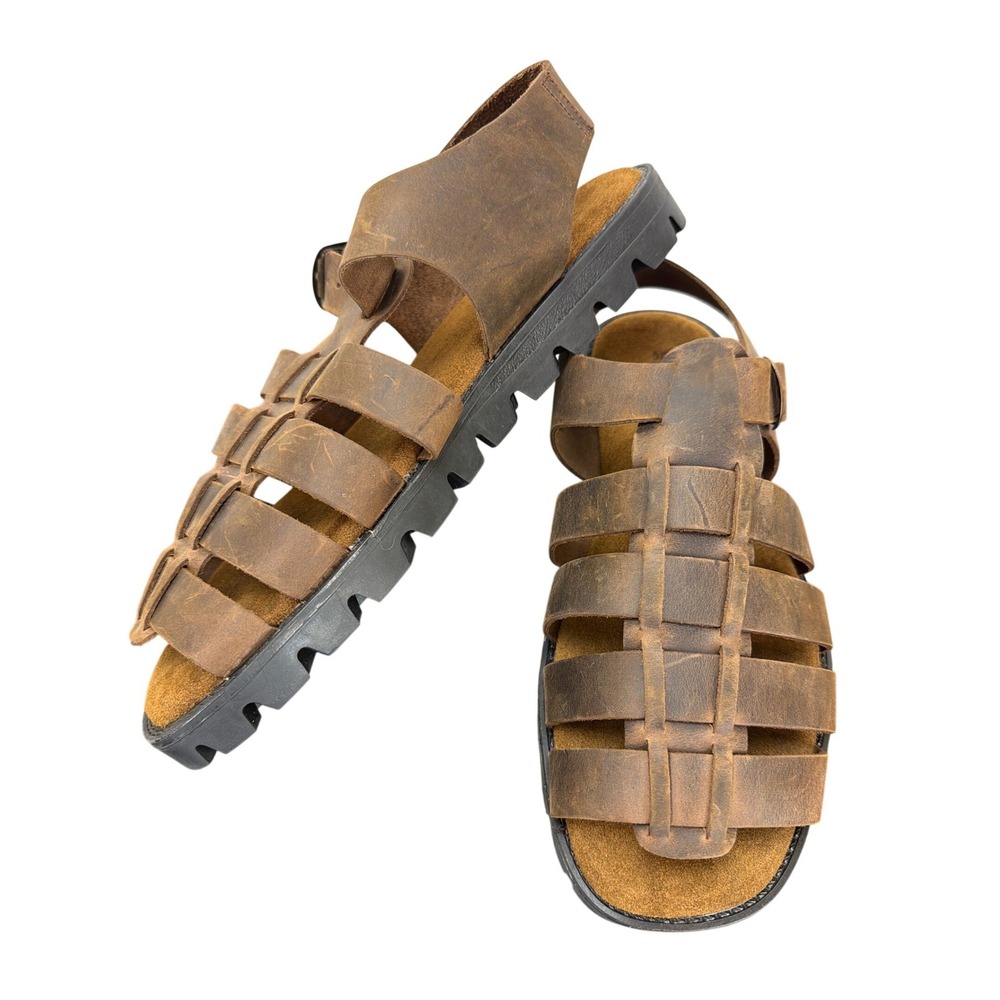 Trader Bay Brown Leather Fisherman Sandals Mens Sz 9D Tire Tread Outsole Summer